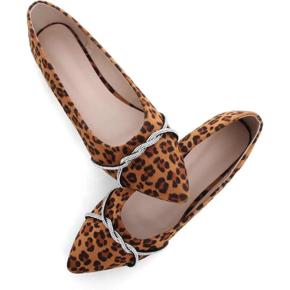 Women's Leopard Casual Flats Fashion Chain Pointed Toe Ballet Flat Rhinestone - Picture 4 of 7